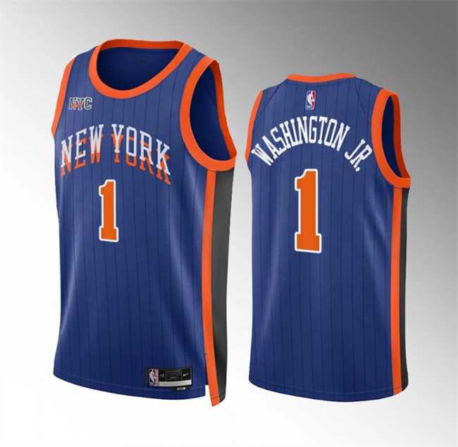 Men's New Yok Knicks #1 Duane Washington Jr Blue 2023-24 City Edition Stitched Basketball Jersey Dzhi